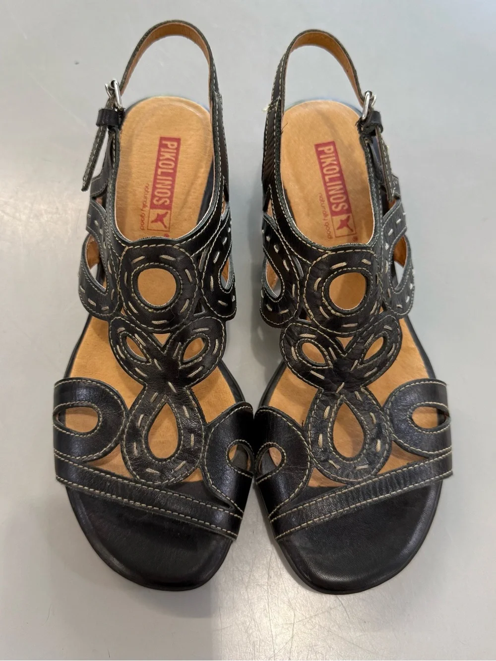 PIKOLINOS Black Leather Decorative Cutout Slingback Sandals
